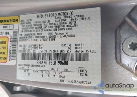 2020 Ford Fusion Se from USA, damaged, VIN 3FA6P0T93LR190600